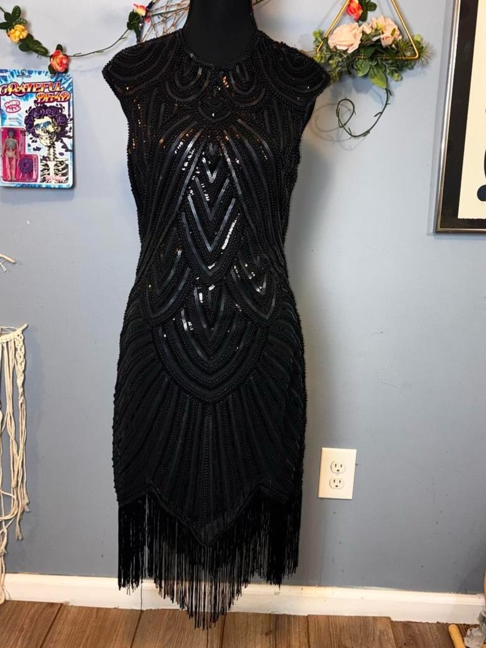 Y2K Era Style Black Beaded Sequin Fringe Flapper Dress